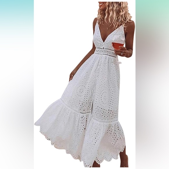 Amazon Dresses & Skirts - Women's Embroidery Pearl Button Down Dress V Neck Spaghetti Strap Maxi Dress